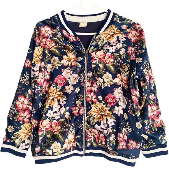 Zara Girls Navy Floral Satin Bomber Jacket [US 11/12] - Picture 2 of 11